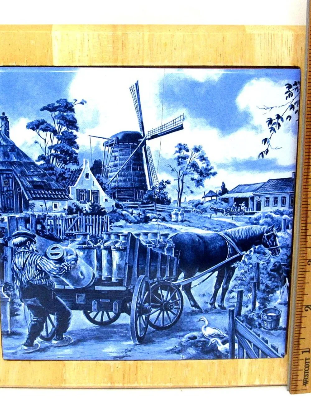 Framed Delft Tile Farm Scene Blue White Milk Wagon Ceramic Horse Cart Holland